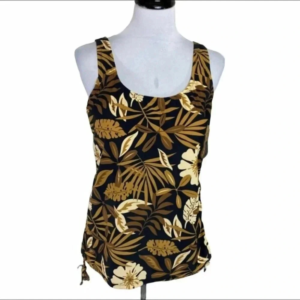 Shore‎ Shapes Tankini Swim Top 18 Black Gold Tropical Floral Ruched Power Knit